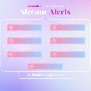 Alertas animadas de transmisión de corazones en colores pastel / Suscriptor / Twitch / Nuevo seguidor / Pastel / Corazones / Estética / Streamer / Degradado / Kawaii / Lindo
