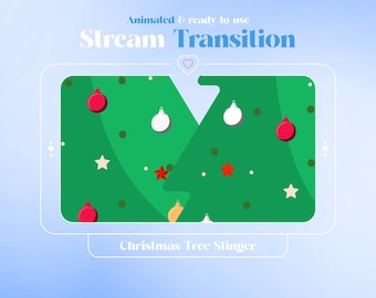 May include: Animated Christmas tree stinger transition effect for streaming. Two green Christmas trees with red and white ornaments, stars, and a heart shape in the middle.