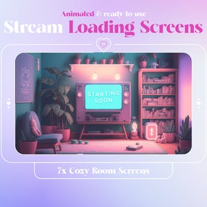 Può includere: Schermate di caricamento animate per lo streaming che mostrano una stanza accogliente con una TV che mostra "Starting Soon", una libreria, piante e una sedia. 7x Schermate di stanza accogliente.