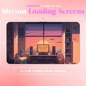 May include: Animated stream loading screens featuring seven different rooms with a sunset view. Each room has a bookshelf, a desk, and a window. The text "STARTING SOON" is displayed on a computer screen in each room.