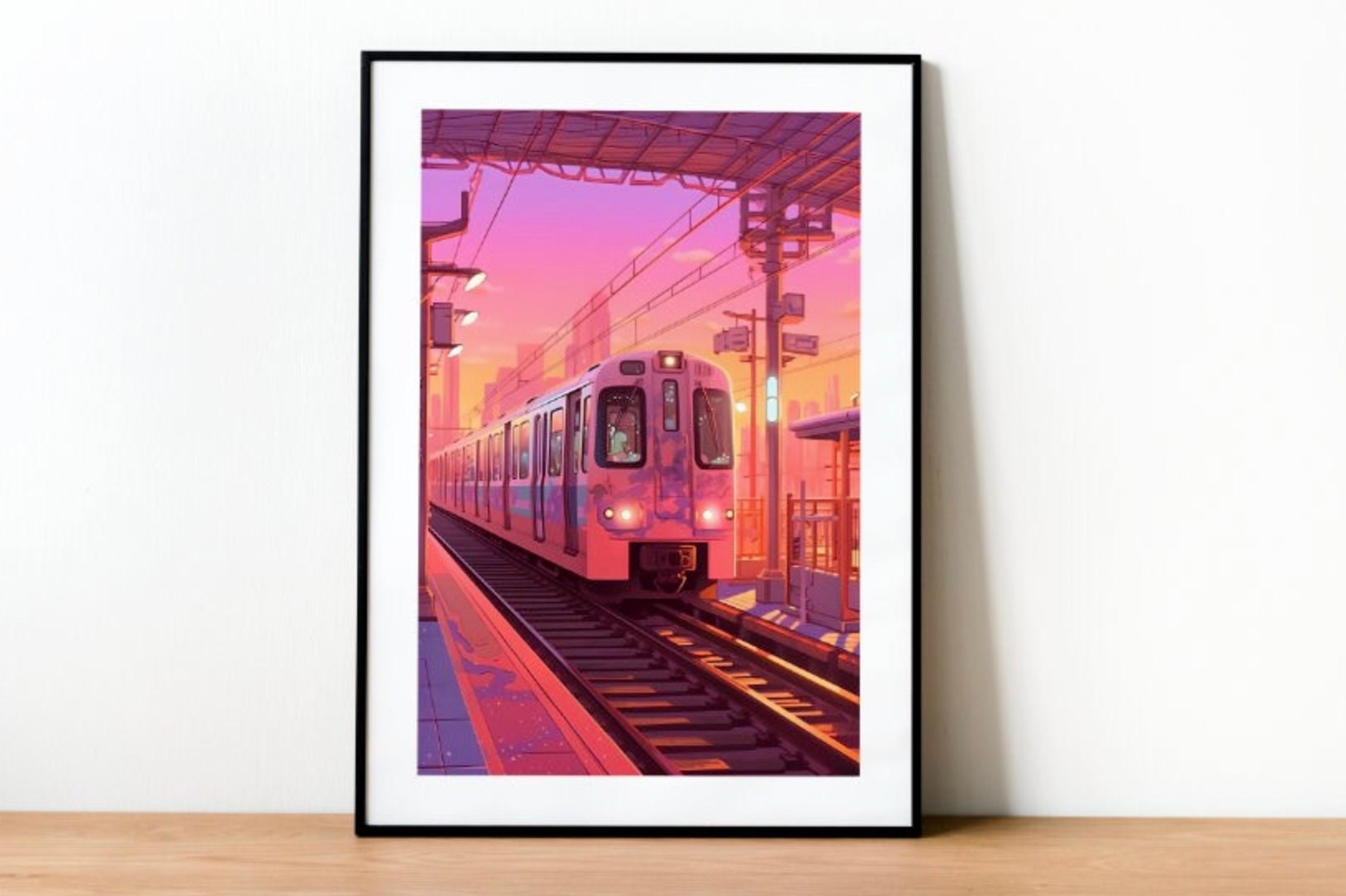 Japan Evening Train Station Print Illustration, Lofi Train Station Print, Japan Poster, Anime Poster,Wall Art,Lofi Anime,Pastel,Anime Prints