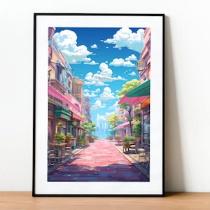 Ilustración de impresión de ciudad de anime pastel lofi, estética lofi, póster de Japón, póster de anime, decoración de pared de anime, anime lofi, impresión de anime, Tokio