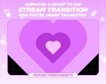 Puede incluir: Efecto de transición animado en forma de corazón rosa pastel para streaming. El efecto presenta tres corazones concéntricos, con el corazón más pequeño en el centro de color rosa claro. El texto "MOTION YORQI PRESETS" se muestra en la parte inferior de la imagen.
