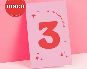 Disco Table Numbers - Digital Editable Canva Wedding Template - Disco Retro 70’s Pink and Red Theme Wedding - Customise and Print