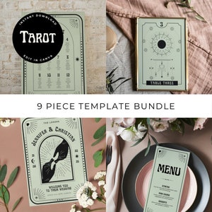 Paquete de papelería para bodas con tarot: plantilla editable de Canva, tema boho celestial, invitación, menú, plano de mesa, tablero de bienvenida