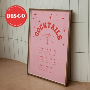 Menu cocktail - modèle de menu sur toile éditable numériquement - thème disco rétro rose et rouge des années 70 - personnaliser et imprimer