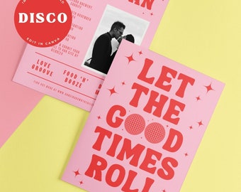 Wedding Invitation - Digital Editable Canva Invite Template - Disco Retro 70’s Pink and Red Theme - Customise and Print
