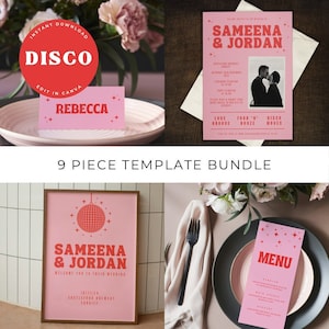 Digital Wedding Stationery Bundle - Editable Canva Template - Disco Retro 70’s Pink and Red Theme - Invite, Menu, Table Plan, Welcome Board