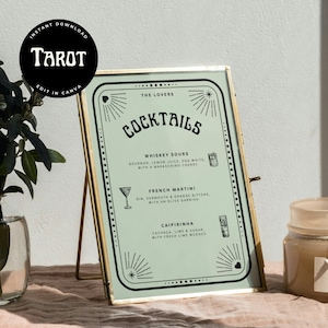 Plantilla de menú de cócteles de cartas del Tarot - Menú de barra Canva editable digital - Tema Celestial Boho - Personalizar, descargar, imprimir