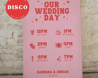 May include: Pink wedding day schedule printable with red text. The schedule includes times for arrival, ceremony, games, food, speeches, and party. The text at the bottom reads "Sameena & Jordan 16/11/24".