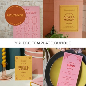 Paquete de papelería de boda inspirado en Wes Anderson - Plantilla Canva editable digital - Boda nostálgica retro vintage - Estética de Wes Anderson