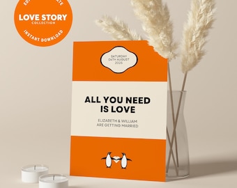 Penguin Book Wedding Invitation - Digital Editable Canva Invite Template - Book Lovers Literary Theme Wedding - Customise and Print
