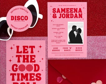 Wedding Invitation - Digital Editable Canva Invite Template - Disco Retro 70’s Pink and Red Theme - Customise and Print