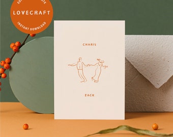 May include: A simple line drawing of a couple dancing, with the names "CHARIS" and "ZACK" printed above and below the image.