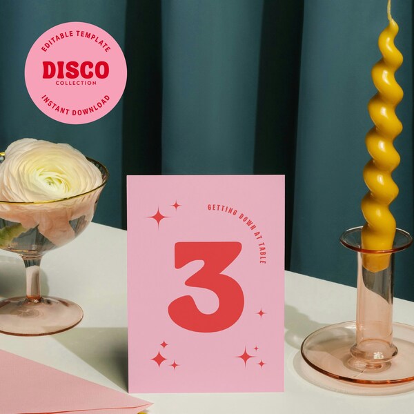 Disco Table Numbers - Digital Editable Canva Wedding Template - Disco Retro 70’s Pink and Red Theme Wedding - Customise and Print