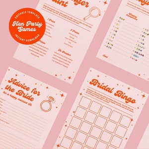 Pacote de jogos retrô Hen Party - Pacote de jogos para chá de panela com 10 - Modelo digital editável em Canva - Tema Disco Retro 70’s rosa e vermelho