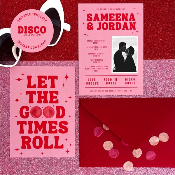 Wedding Invitation - Digital Editable Canva Invite Template - Disco Retro 70’s Pink and Red Theme - Customise and Print