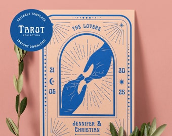 Plantilla de invitación de boda de cartas del Tarot - Invitación Canva editable digital - Tema Celestial Boho - Personalizar, descargar, imprimir