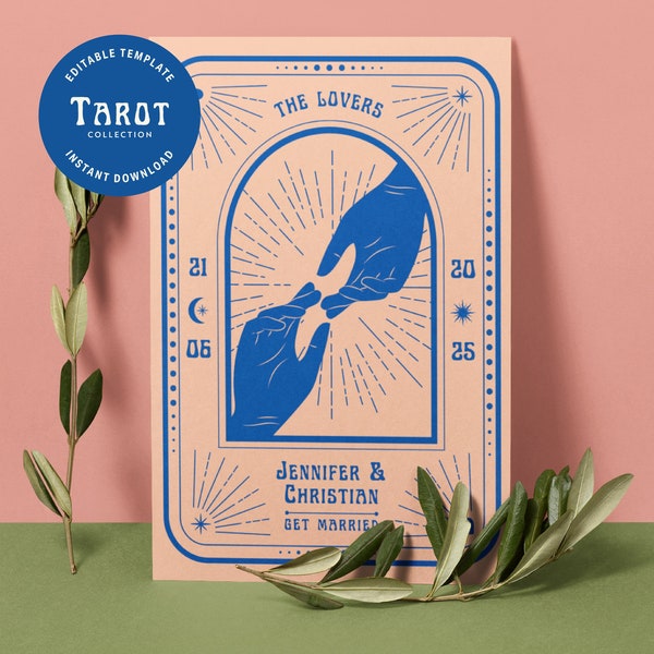 Tarot Card Wedding Invitation Template - Digital Editable Canva Invite  - Celestial Boho Theme - Customise, Download, Printable