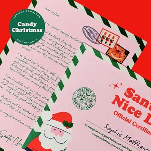 Carta de Papá Noel y certificado de lista de buenos amigos - Carta de Navidad de Papá Noel - Certificado de Papá Noel - Plantilla editable de Canva
