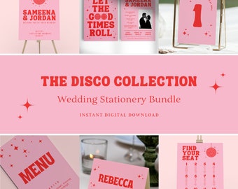 Digital Wedding Stationery Bundle - Editable Canva Template - Disco Retro 70’s Pink and Red Theme - Invite, Menu, Table Plan, Welcome Board