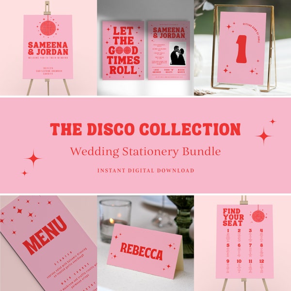 Lot de papeterie de mariage numérique - modèle de toile modifiable - thème disco rétro rose et rouge des années 70 - invitation, menu, plan de table, tableau de bienvenue