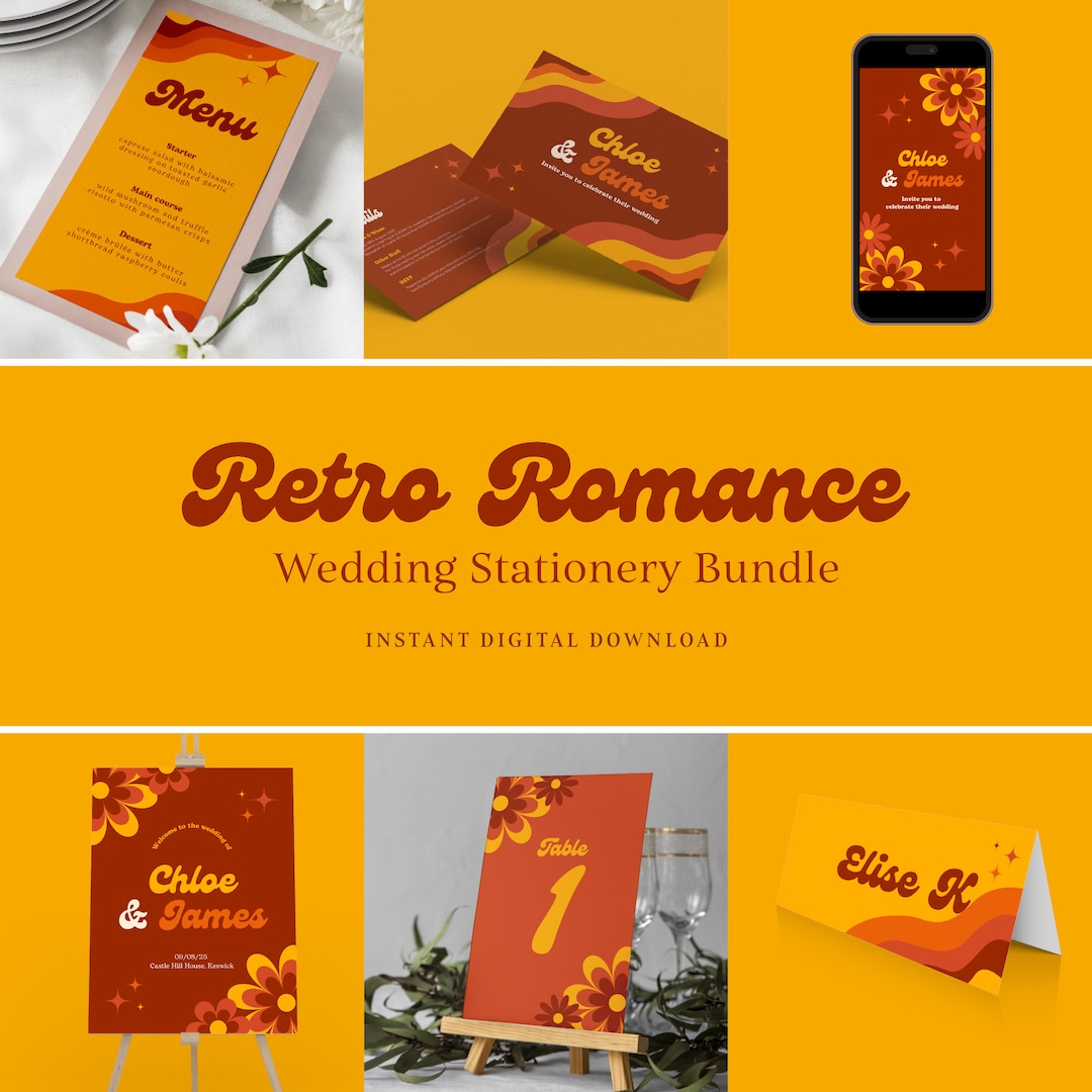 Retro Digital Wedding Stationery Bundle Editable Canva Etsy