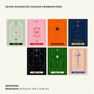 May include: Seven suggested color combinations for a table setting. Each card features a different design with a number and the word "Table" followed by the number. The cards are arranged in a grid with three rows and three columns. The cards are printed on a white background with black text and lines.