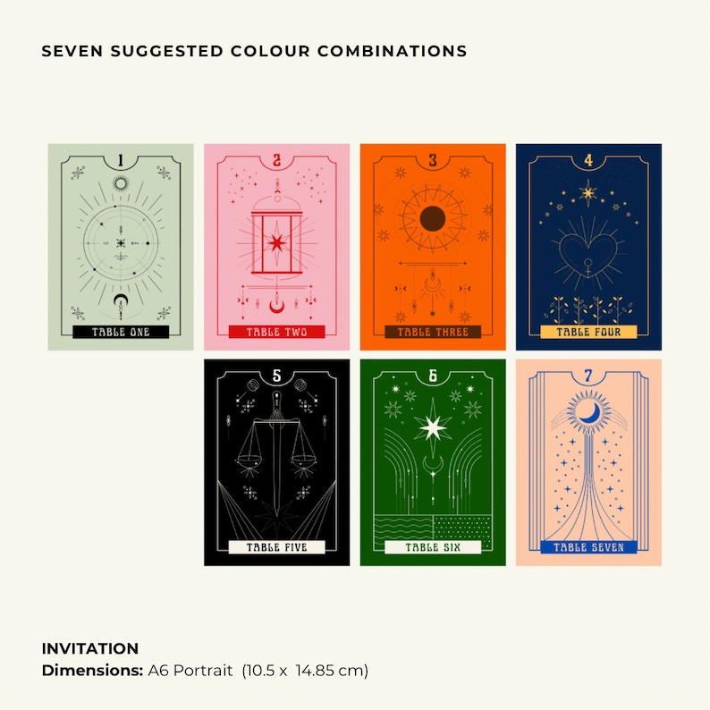 May include: Seven suggested color combinations for a table setting. Each card features a different design with a number and the word "Table" followed by the number. The cards are arranged in a grid with three rows and three columns. The cards are printed on a white background with black text and lines.