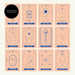 May include: Twelve illustrated cards with a peach background and blue outlines. Each card features a different design with a number from 1 to 12 and the text "Table One" through "Table Twelve".