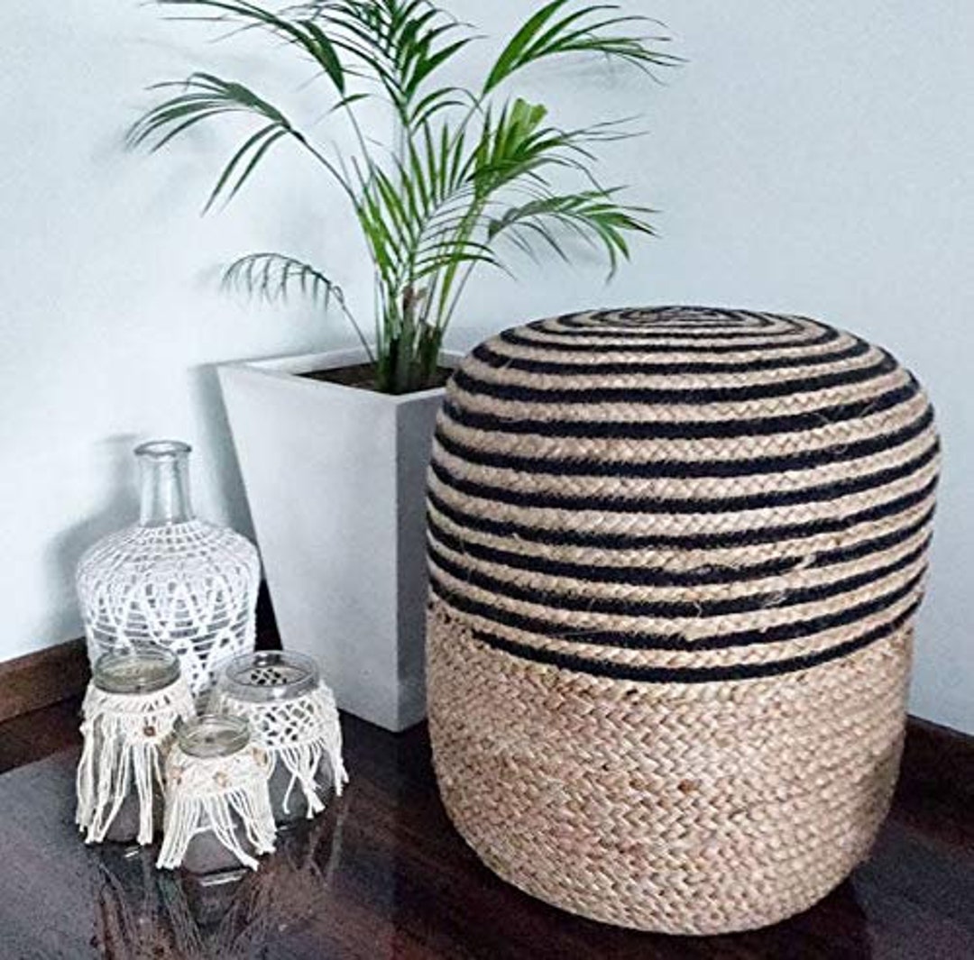 Jute Ottoman Cover Black Lines With Beige Colors Jute Pouf Etsy