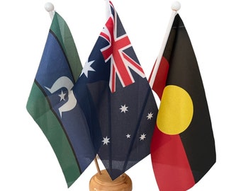 Australia Flag Aboriginal Flag TSI Flag 3 set Table /  Desk Flags Wooden Base & Poles