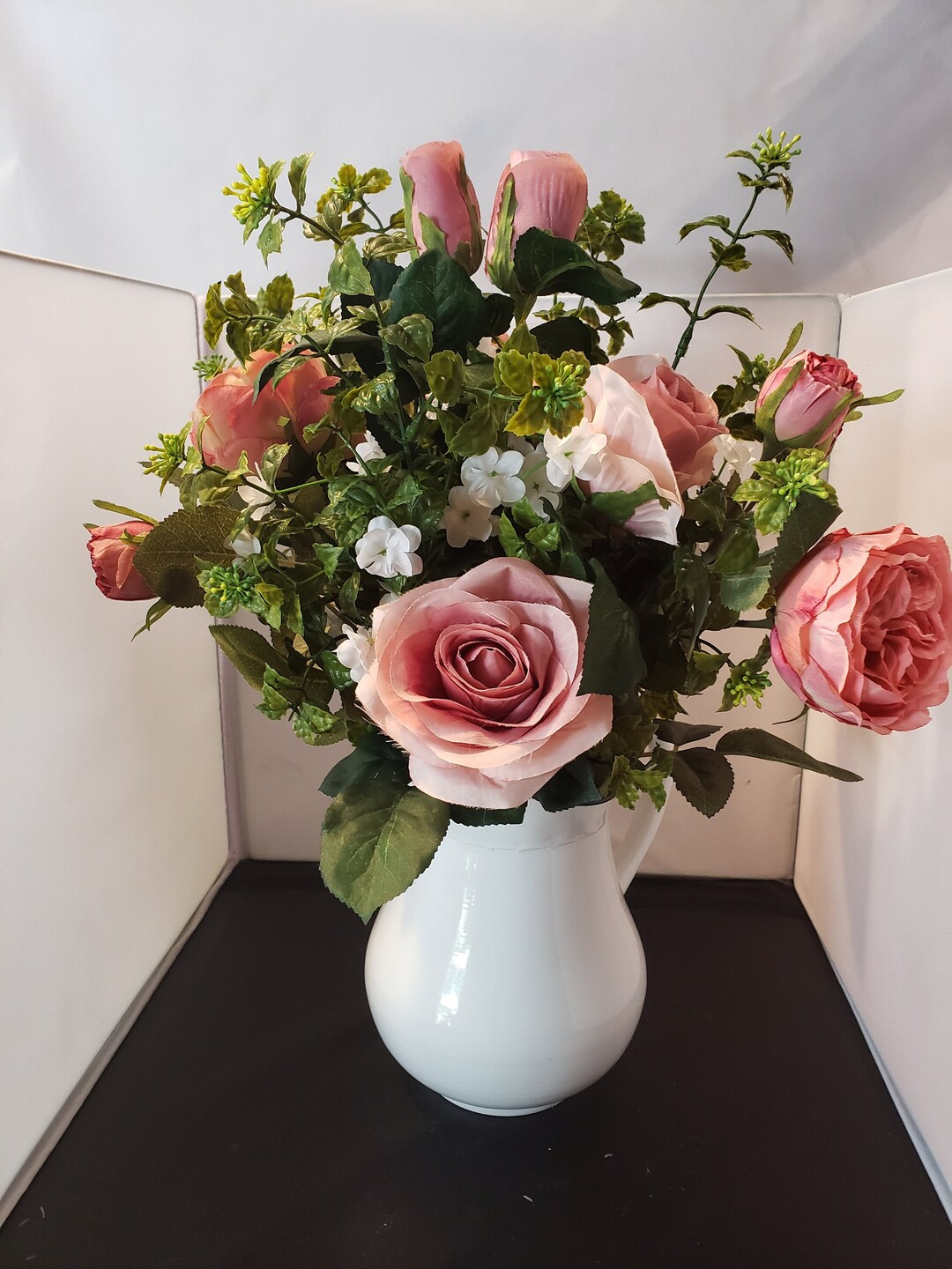 Life Like Silk Rose Floral Design White Enamel Pitcher Etsy