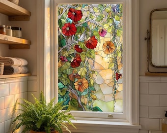 Tiffany Style Stained Glass Window Film, Red Poppy Floral Window Cling, Privacy Window Decal for Bathroom, Art Nouveau Window Sticker