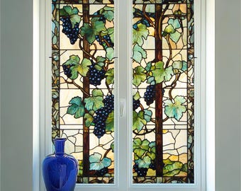 Customized Grapevine Stained Glass Window Film – Frosted Privacy Static Cling Vintage Sticker for Office & Home Decor