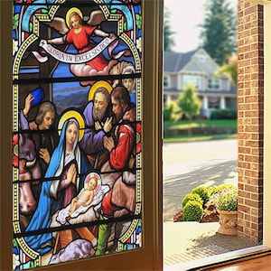 Niestandardowy rozmiar Folia okienna Witraże Folie Jezus Dziewica Maryja, Wystrój domu Matowe naklejki na drzwi Folia, samoprzylepny plakat PVC