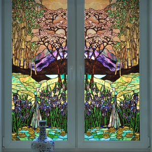 Custom Size Stained Glass Window Film – Privacy Tree Design, Static Cling Art Glass Sticker for Home Decor