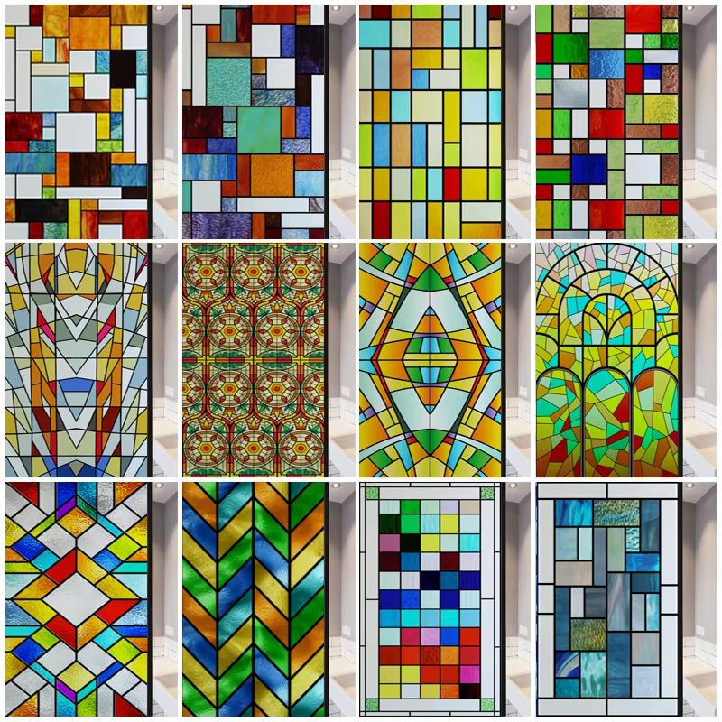 Custom Size Window Film Frosted Stained Glass Films Frosted Privacy Reusable Home-Decor Sun Catcher Mosaic Rainbow Color Window Covering