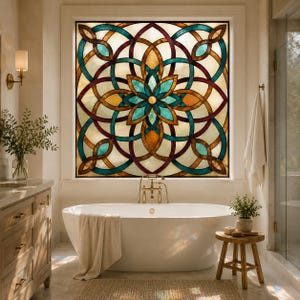 Può includere: Un pannello quadrato per finestra in vetro colorato con un motivo geometrico simmetrico e un disegno floreale centrale nei toni del verde acqua, ambra e bordeaux intenso. Il design è composto da cerchi intrecciati e linee curve che creano una struttura a griglia complessa e ripetitiva che riempie l'intero riquadro.