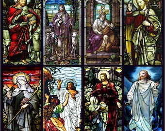 May include: A stained glass window with nine panels depicting scenes from the Bible. The panels feature figures of Jesus Christ, angels, and other biblical characters. The colors are vibrant and the details are intricate.