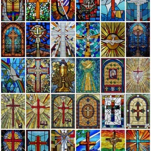 May include: A collection of 36 stained glass window designs featuring crosses, doves, and other religious symbols. The designs are in various colors, including red, blue, green, yellow, and orange.