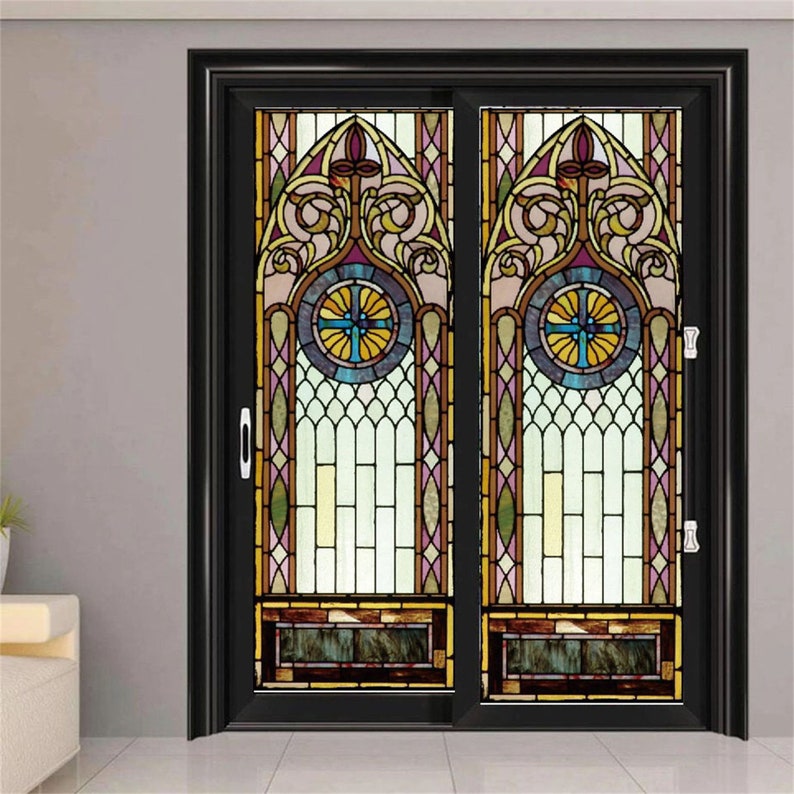 Window Film Glass Films Frosted Stained Fake Window with Cross Church Style Sticker Can Do Custom Size image 1