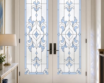 Frosted White and Pale Blue Static Cling Window Film, Art Nouveau Floral Scrolls, Custom Size