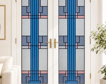 Blue Geometric Stripe Stained Glass Effect Window Film, Art Deco, Custom Size Available