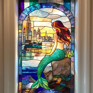Mermaid Stained Glass Window and Door Sticker – Translucent Peel and Stick, Self-Adhesive, Removable Cling