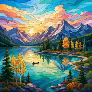 May include: A stained glass style digital illustration of a mountain lake landscape at sunset. The scene features jagged blue mountains, a calm turquoise lake, evergreen trees, and golden autumn foliage. A small canoe floats on the water.