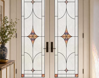 Frosted Privacy Art Deco Diamond Window Film with Amber Accents, Custom Size