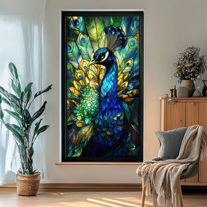 May include: A stained glass window design featuring a peacock with its tail feathers spread out. The peacock is blue, green, and yellow. The background is a mix of green and yellow.