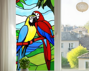 Love Birds Parrot Stained Glass Window Film Colorful Tropical Design