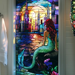 Translucent Mermaid Stained Glass Mural – Peel and Stick, Self-Adhesive Decal for Doors and Windows, Removable Wrap